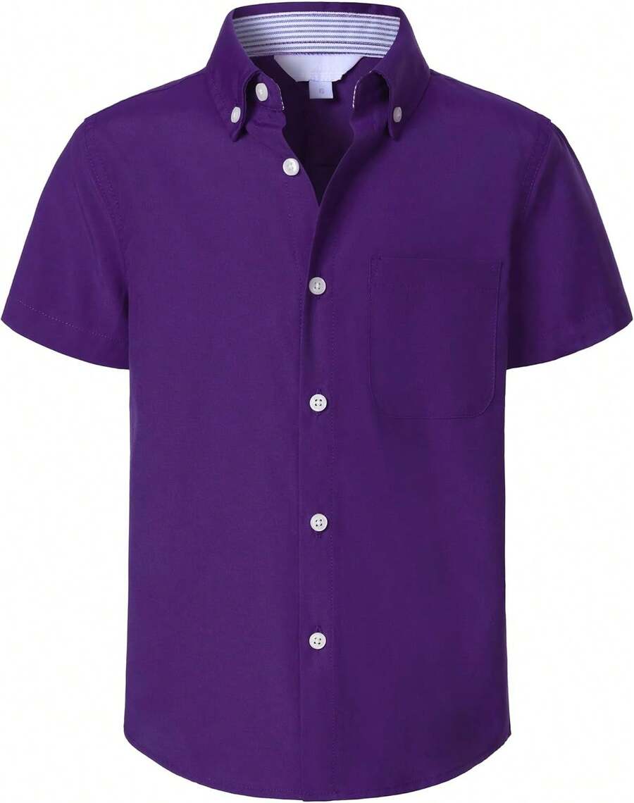Oxford School Shirt For Boys - Short Sleeve Button Down With Pocket, Classic Fit For Uniform & Formal Wear - Dark Purple - View 1