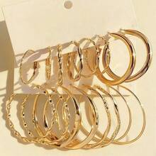 16-Pair European And American Style Large Hoop Earring Set, Gold Twisted Hoop Earrings, Simple And Elegant Earrings, Multiple Sizes Of Gold Large Hoop Earring Set, Versatile Earrings For Commute - Vàng - Xem 3