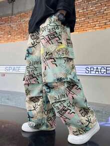 Men's Fashion Street Punk Style Camouflage Print Sweatpants, A Must-Have Item , Personalized Loose Street Fashion Wide Leg Pants, Fall - 獵人綠 - 查看 1