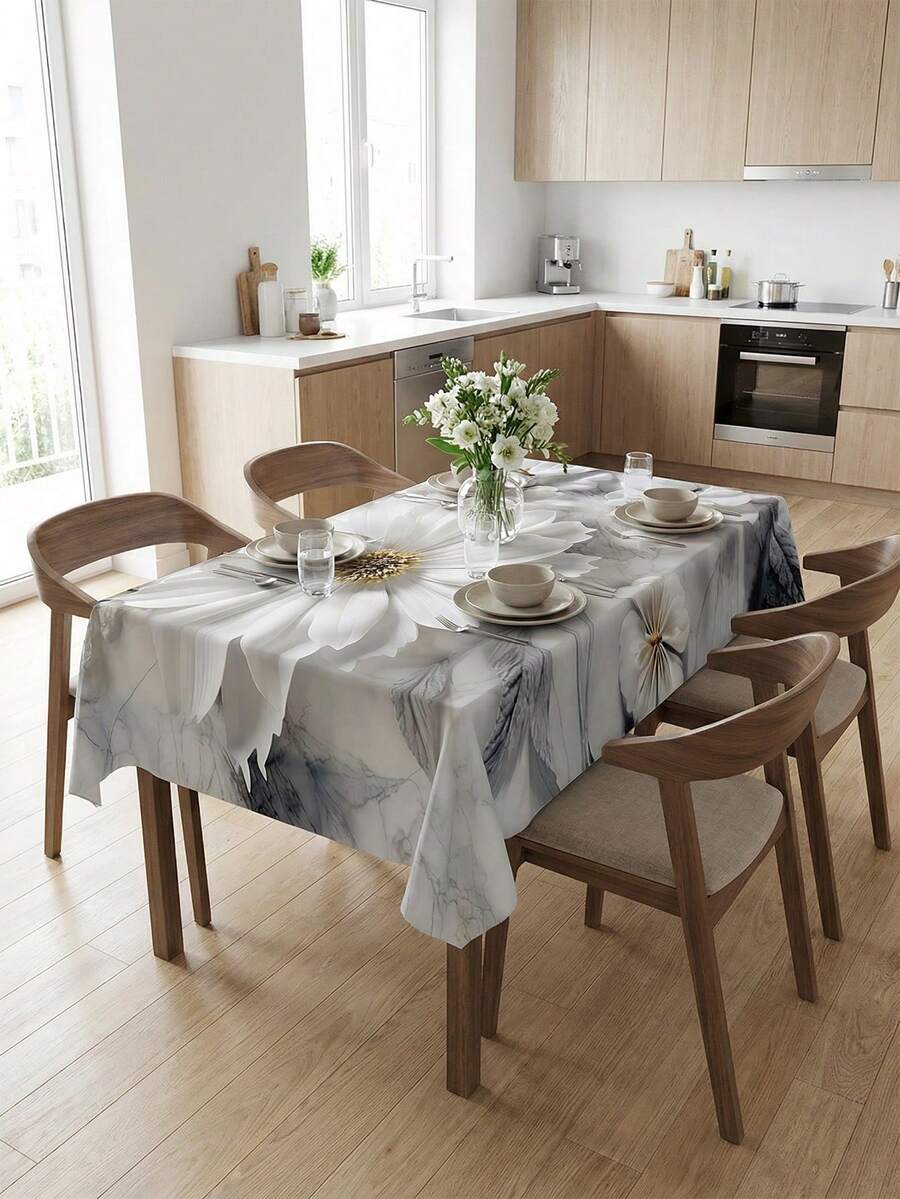 1 pièce Nappe rectangulaire avec texture de marbre gris et blanc et imprimé floral 3D, nappe de luxe moderne en polyester imperméable et résistante aux taches avec bord volant, anti-huile et anti-poussière, lavable et réutilisable, idéale pour le thé de l'après-midi, les brunchs, la décoration élégante de la maison, un élément essentiel pour la cuisine et la salle à manger - Multicolore - Voir 1