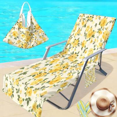 1件复古花瓣系列开放式沙滩椅套，超细纤维速干毛巾，适用于泳池椅，带口袋的沙滩椅套，旅行必备度假配件，波西米亚风格