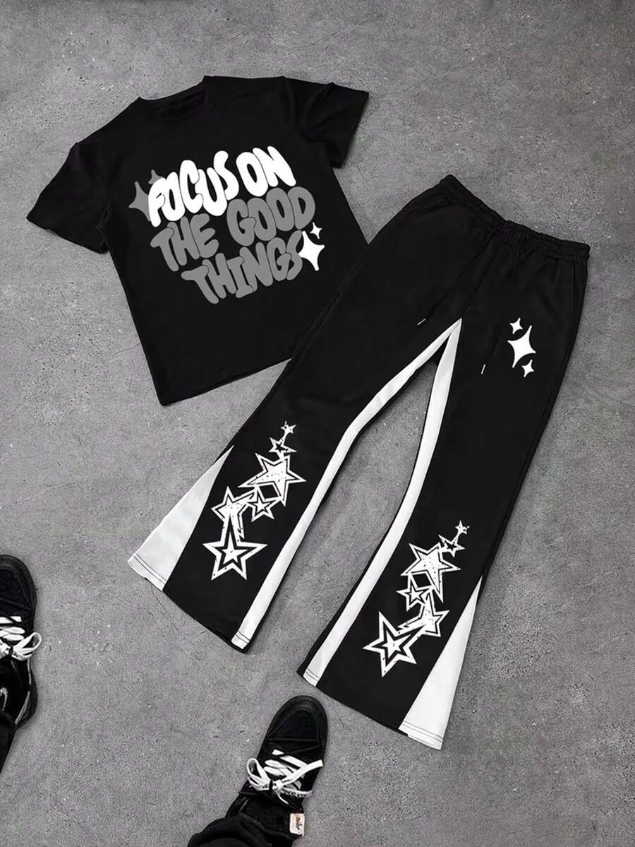 VMPVMP 2pcs Y2K "FOCUS ON THE GOOD THINGS" Printed Unisex Street Style Loose Short Sleeved Pants Set - Featuring Star Style, Casual Sportswear, Multifunctional Summer Wear, Sportswear | Bold Pattern T-Shirt | Casual Sportswear - 黑色 - 查看 1