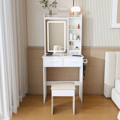 Small White Dressing Table With Mirror / Modern Dressing Table / Adjustable LED Lighting & Socket / Includes Upholstered Stool, Hidden Storage & Shelf / Easy To Assemble / Suitable For Bedrooms And Dressing Rooms, W60/H136/D36cm.