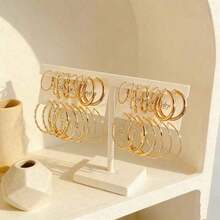 16-Pair European And American Style Large Hoop Earring Set, Gold Twisted Hoop Earrings, Simple And Elegant Earrings, Multiple Sizes Of Gold Large Hoop Earring Set, Versatile Earrings For Commute - Vàng - Xem 9