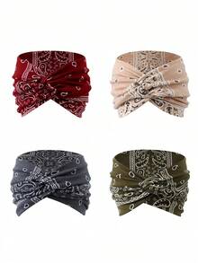 4/3/1件装波西米亚风腰果花印花发带，休闲假日发饰，宽交叉头巾，女士运动弹力发带，适合健身/瑜伽/户外活动，纯色休闲发带，柔软围巾式发带，四季皆宜 - 彩色 - 查看 16