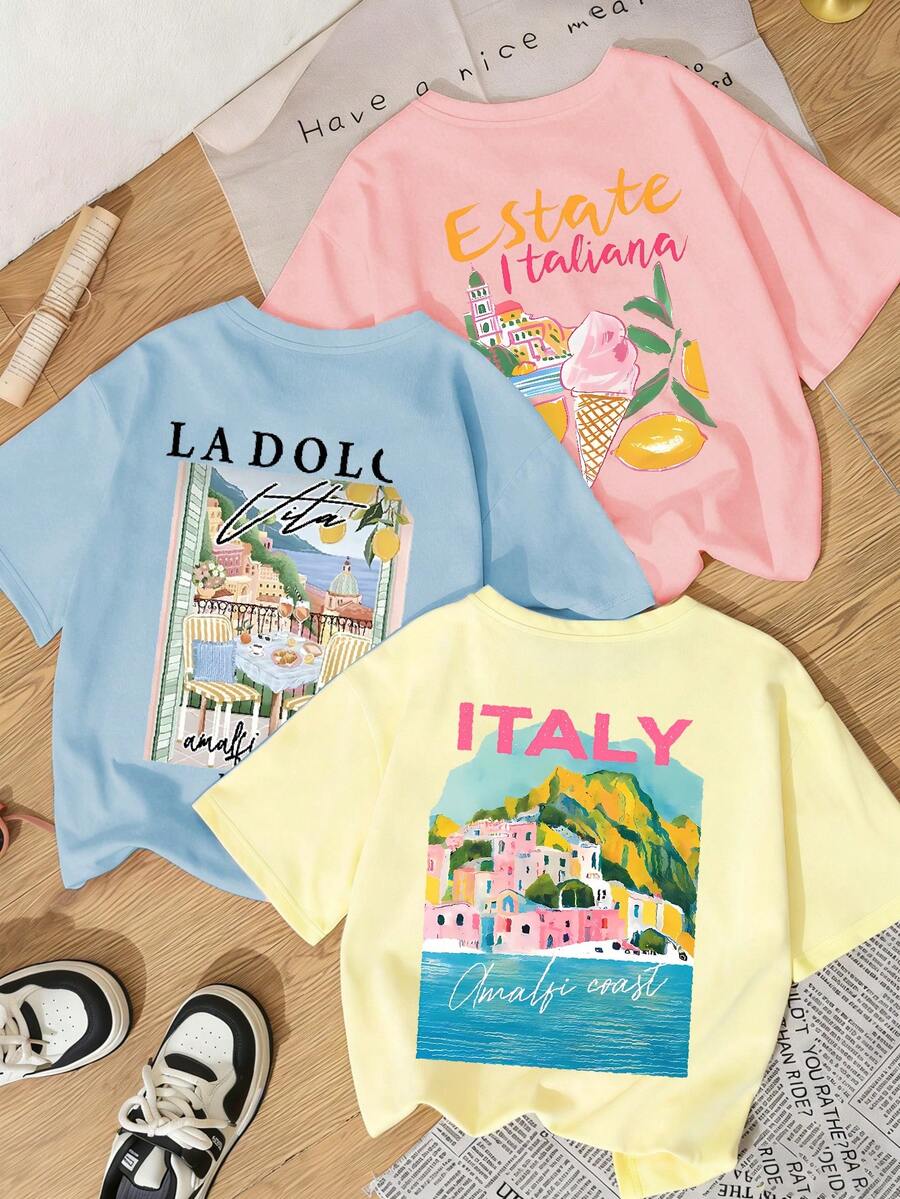 3pcs/Set Summer New Minimalist Landscape Graphic Print Casual Round Neck Short Sleeve T-Shirt, Fashionable & Versatile Tops For Women - Yellow and Pink and Light Blue - View 1