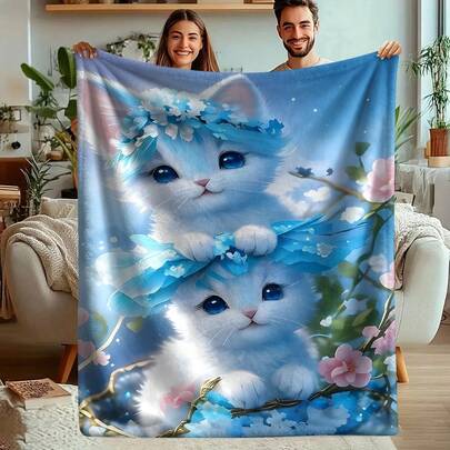 1pc Warm & Comfortable All-Season Blanket With Blue Cat Pattern, Suitable For Office, Camping, Travel, Home Decor