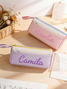 Customized Embroidered, Personalized Text, Color Block Large Capacity Pencil Case, High-Quality, Portable, Back To School Essential, Gift For Friends And Classmates - Multicolor - View 3