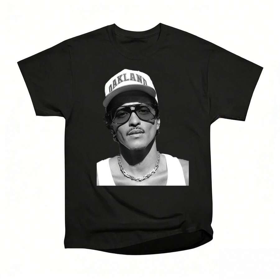 High-Quality Bruno Mar S THE ROMANTIC Portrait Print Vintage Crew Neck T-Shirt - 黑色 - 查看 1