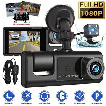 1pc Dual Channel 1080P Full HD Dash Cam, Front And Rear Dual Recording, DVR Car Camera With Loop Recording, 2-Inch Display, Battery Capacity 150mAh, No SD Card Included