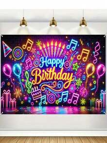 Vibrant "Happy Birthday" Themed Backdrop - A Colorful, Neon-Lit Music Party Background With A Lively, Illuminating Effect. An Ideal Choice For Decorating Indoor/Outdoor DJ Performances, Dance Events, And Photo Booth Areas. - Birthday - View 12