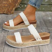 White Woven Double-Strap Thick-Soled Slide Sandals For Women, Summer Straw Platform Wedge Slippers - 白色 - 查看 14