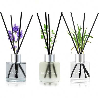 paquete de 3 difusores de varillas aromáticas de 50ML con lavanda, jazmín y hierba de limón. Juego de aromaterapia con 12 varillas de fibra negra de larga duración para ambientador de dormitorio, baño, oficina y decoración del hogar