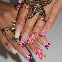 Long Square Press On Nails - Pink French Tip Yellow  3D Texture Flower With Gold Charm Summer Handmade Full Cover Acrylic Squoval Nails 24 Pieces - bbfnH010 - 查看 3