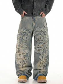 1件 Justice Brother 复古字母刺绣男士休闲宽松阔腿牛仔裤，港式风格（不含腰带/配饰） - 藍色 - 查看 3