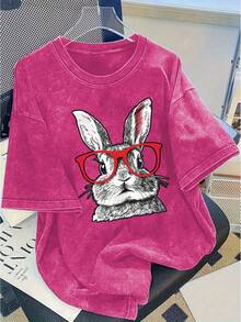 A Women's  Patterned Printed Washed Cotton T-Shirt - 230g Thick Cotton, Vintage Street Style Round Neck Short Sleeves, Machine Washable, Suitable For Casual Wear In Spring And Summer, With A Unique Loose Fit, Comfortable Washed Cotton Women's T-Shirt - 玫紅色 - 查看 6