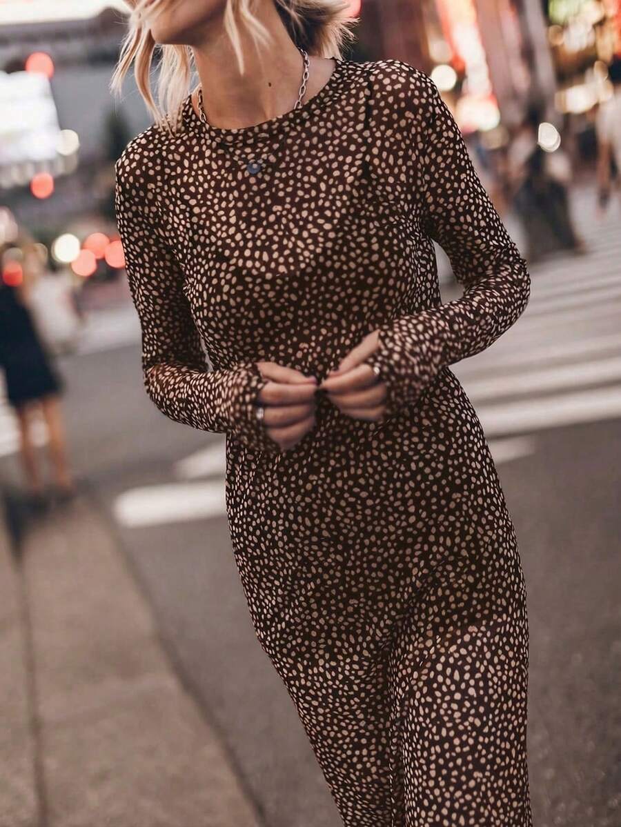 VIBEWAVE 复古法式长袖连衣裙，修身性感透视沙滩度假飘逸圆领连衣裙 - 咖啡棕 - 查看 1