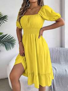 Women's Spring Summer Casual Ditsy Floral Print Dress Short Puff Sleeve Drawstring Waist Flowy A-Line Midi Dress Boho Beach Vacation Holiday Outfit - Yellow - View 6
