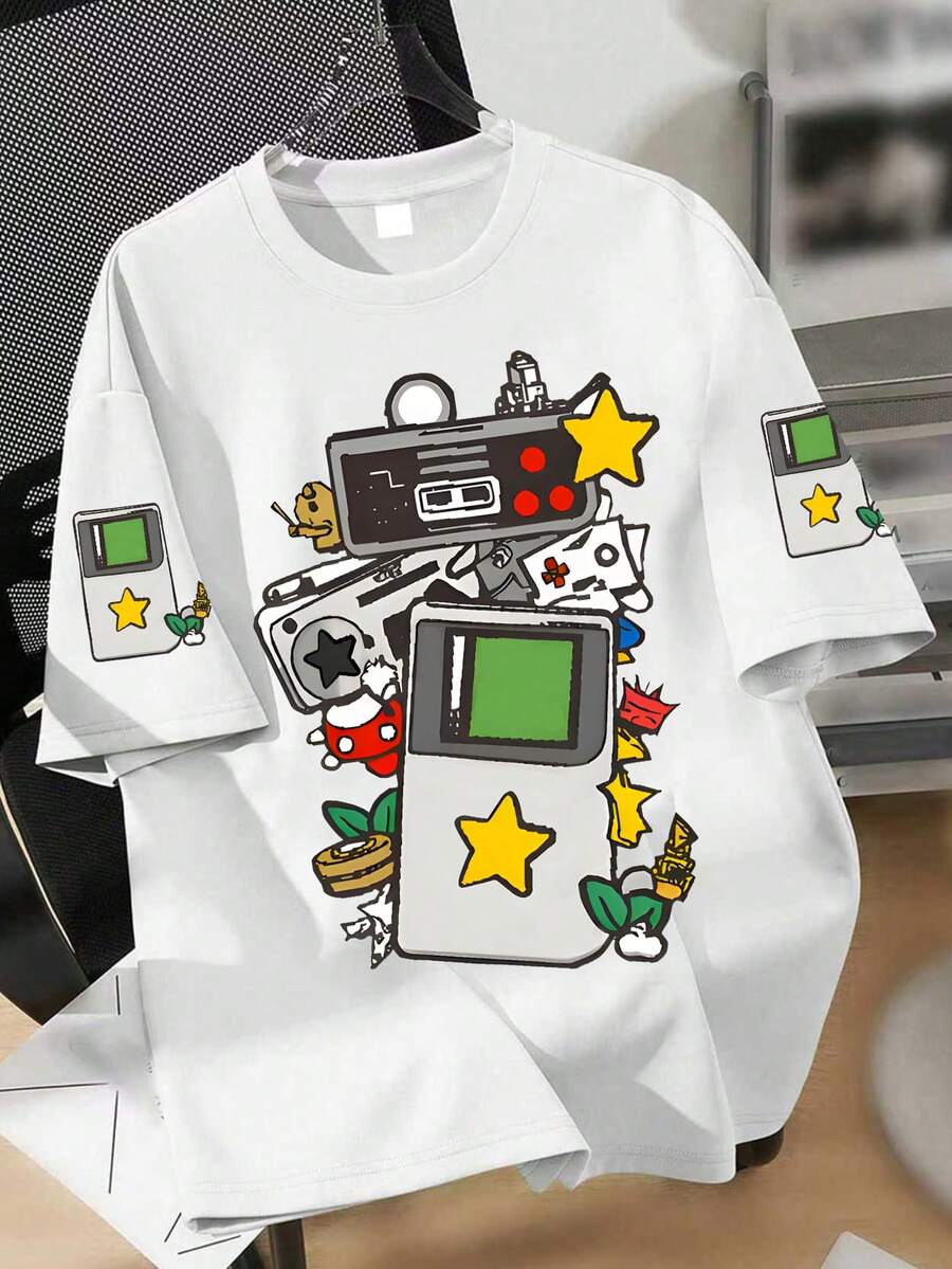 Vintage Robot & Game Controller Print Round Neck Short Sleeve T-Shirt For Teenage Boys, New Summer & Autumn Kids Clothing - White - View 1