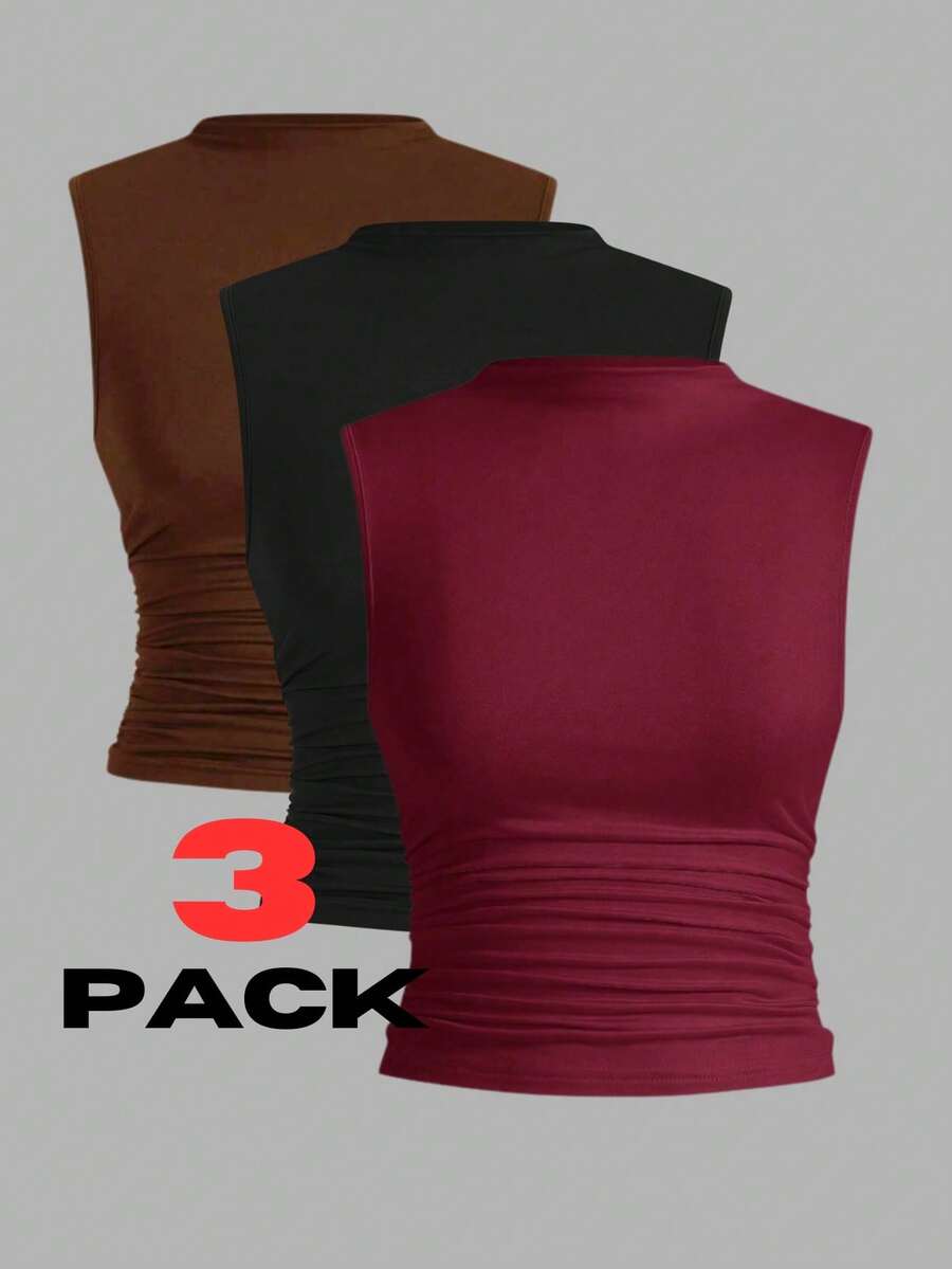 3-Piece Sleeveless Pleated Blouse Set - Black, Red and Brown - View 1