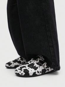 Men's Fluffy Cow Pattern Slippers - Open-Back Mule Loafers, Buckle Detail Casual Street Style Shoes - Đen và trắng - Xem 9