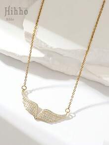Hihho 1pc Luxury Women's Pendant Necklace With Zirconia Gems Inlaid Angel Wing & Hollow Water Drop Design, Jewelry Gift - 黃金 - 查看 9