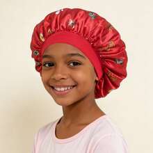 Awegeo 儿童缎面蝴蝶印花睡眠帽，弹性宽檐护发帽，夜间护发头巾 - 1PC - 查看 11