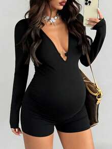 Parara Maternity Short Sleeve Jumpsuit, Tight And Comfortable Casual, All-Season Fashionable Layering, Sporty Casual Style, Suitable For Dates, Daily Wear, Home, Halloween And Other Occasions Spring Black - Black - View 4