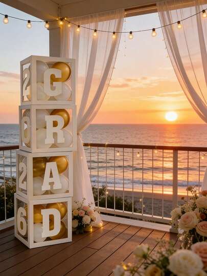 13Pcs Graduation Party Decorations 2026 - White Balloon Boxes With Letters G R A D & 2026, Transparent Graduation Balloon Blocks With Letters, DIY Balloon Boxes For Class Of 2026 Graduation Party, High School College Graduation Supplies, Gold White Graduation Photo Booth Props For Indoor Outdoor Decor