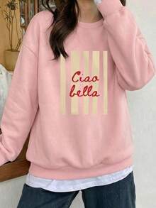 Áo nỉ đen in hình nơ hồng. Một chiếc áo ngọt ngào nhưng vẫn cá tính, lấy cảm hứng từ đức tin. Áo nỉ dệt kim, cổ tròn, tay dài, chi tiết dệt gân, lớp lót mùa đông, áo nỉ nữ, áo chui đầu, áo nỉ, quần áo nữ, mùa thu/đông, dáng rộng thoải mái, trang phục thu/đông, mặc hàng ngày mùa xuân - Hồng - Xem 3