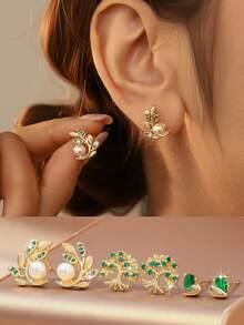 Bộ 6 chiếc bông tai sang trọng đính đá Zirconia xanh lấp lánh hình lá và trái tim, không gây dị ứng, trang sức thanh lịch, quà tặng dành cho nữ, bông tai vàng quyến rũ, phù hợp với mọi trang phục hàng ngày. - Vàng - Xem 2