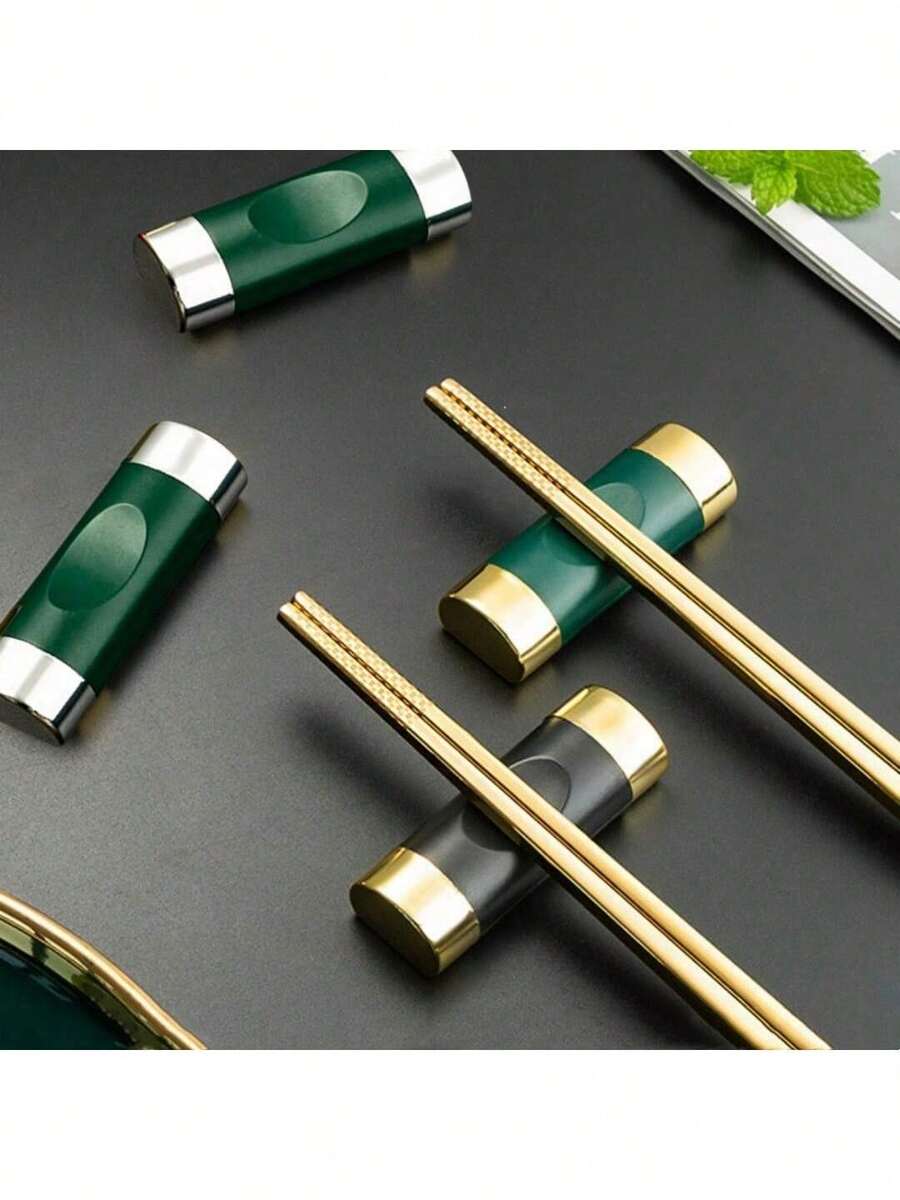 5pcs/3pcs/2pcs Random Glass Fiber & PP Material Chopstick Holder, Pillow Shaped Chopstick Stand, Chopstick, Spoon, Knife Rack, Desktop Decor, Green & Silver - Multicolor - View 1
