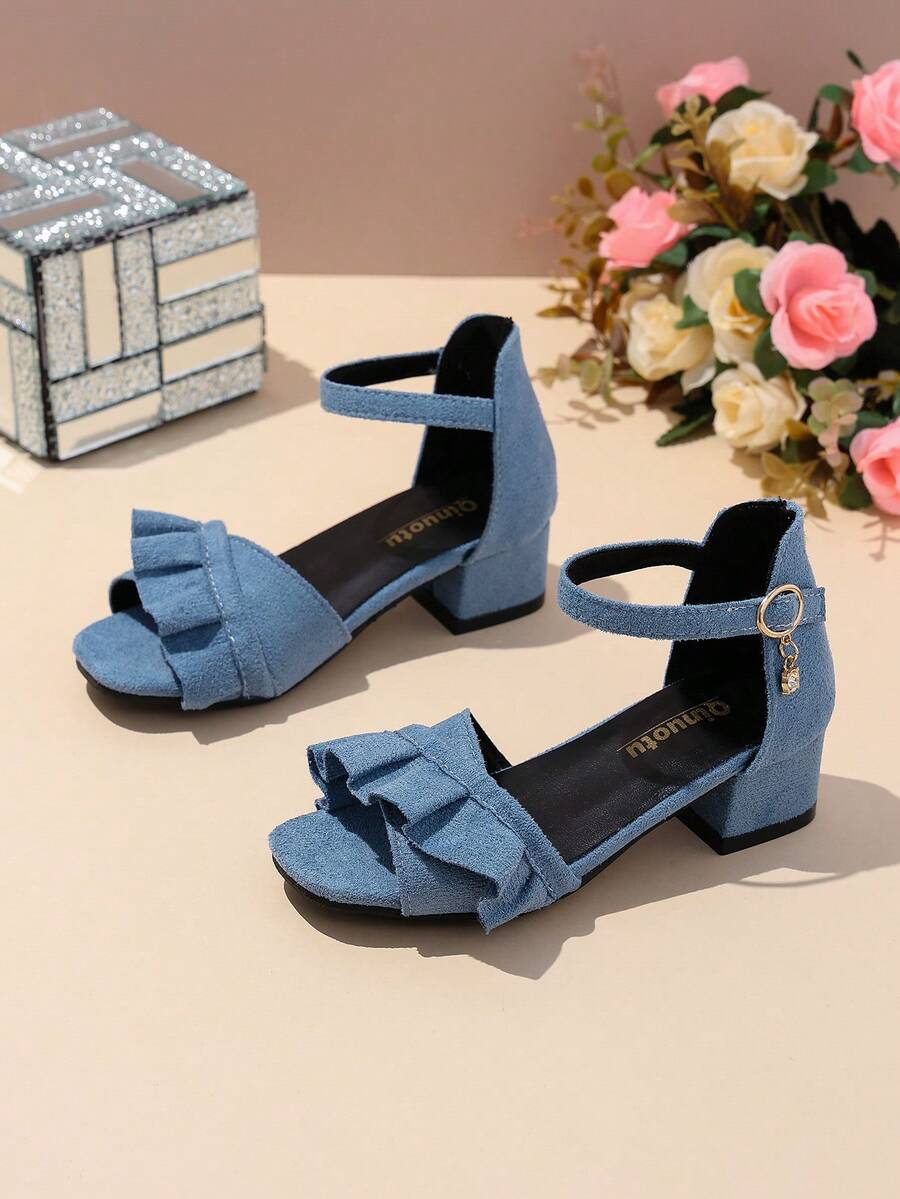 1 Pair Blue Plus Size High Heel Sandals For Female Students, Soft Fabric With Ruffled Skirt Trim, Metal Buckle Decor, Rhinestone Accents, Classic Minimalist Design, Open Toe Chunky Heel, Suitable For 3-15 Years Old Girls Daily, Casual, Hosting, Dancing, Festivals, Vacation, Spring/Summer New Arrival - Blue - View 1
