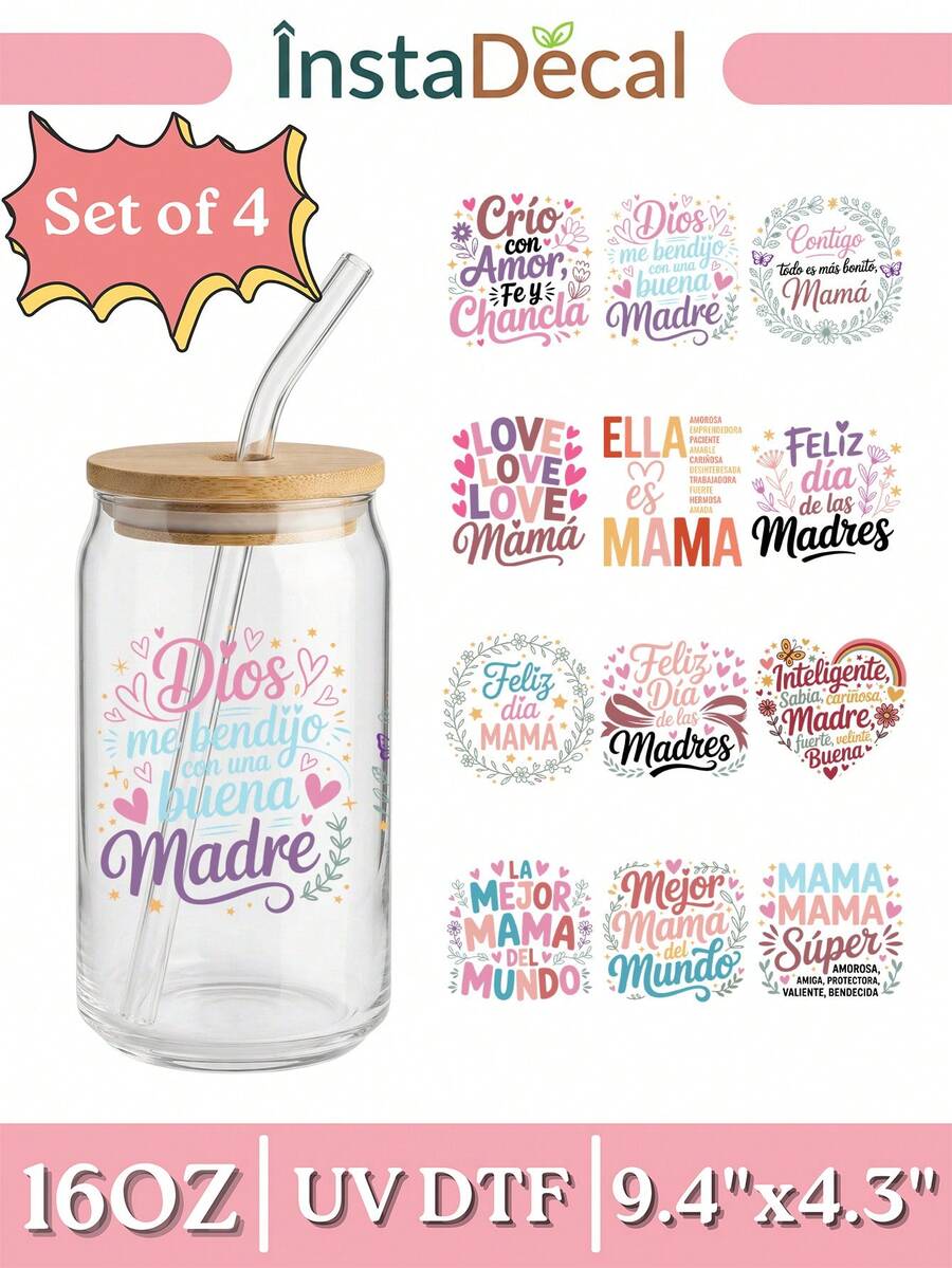 4张西班牙语母亲节UV DTF转印贴纸(9.4x4.3英寸),Feliz Dia De Las Madres Mama Quotes Decals for Coffee Mucks, Ceramic Cups, Libbey Glass, DIY Gifts With Chancla Humor - SPMAMA 03 - 查看 1