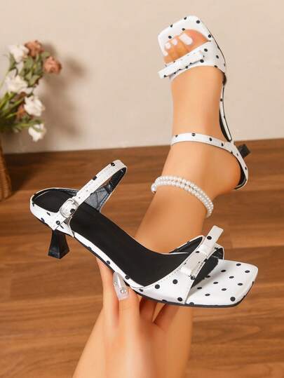 酒红色波点蝴蝶结方头凉鞋，单带猫跟高跟鞋，多种颜色可选