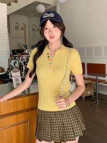 Colorful Button V-Neck Fitted Knit Sweater, Slimming Pullover Top (Button Color Random), Summer - Yellow - View 9