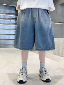 1pc Boys' Fashionable Ombre Shorts, Soft Washed Denim Fabric, Loose Fit, Embroidered Letter, Side Panel, Suitable For Teenagers For School, Weekends, Commute, Spring/Summer - Blue - View 7