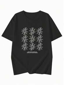 日系女式夏季宽松圆领简约字母花卉印花短袖T恤休闲黑色 - 黑色 - 查看 8