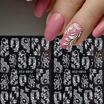 5D Nail Stickers White Complex Totem Line Design Slider Emboss Charm Elegant Decals Gift For Women Nail Art Supplies And Decorations DIY Manicure Accessories