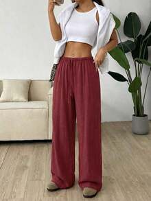 Solflare Plus Size Women Apricot Drawstring Waist Wide Leg Casual Pants Summer Pants,Business Casual Woman - 酒紅色 - 查看 3