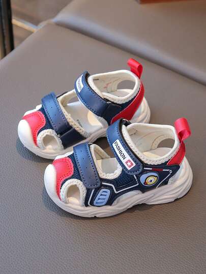1 Pair Girls' Leather Colorblock Mesh Bird Decor Sports Sandals, Closed Toe Anti-Kick Breathable Casual Daily Wear Sandals