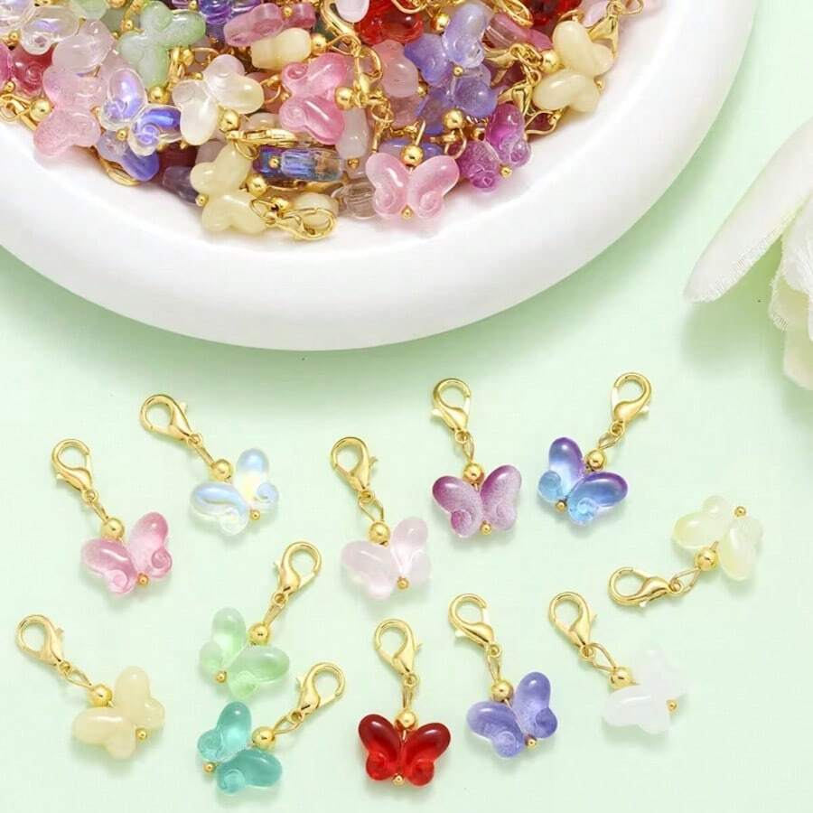 5/10pcs Gold Butterfly Glass & Alloy Pendant With Lobster Clasp, Suitable For Crafts, DIY Keychain, Key Fob Accessories