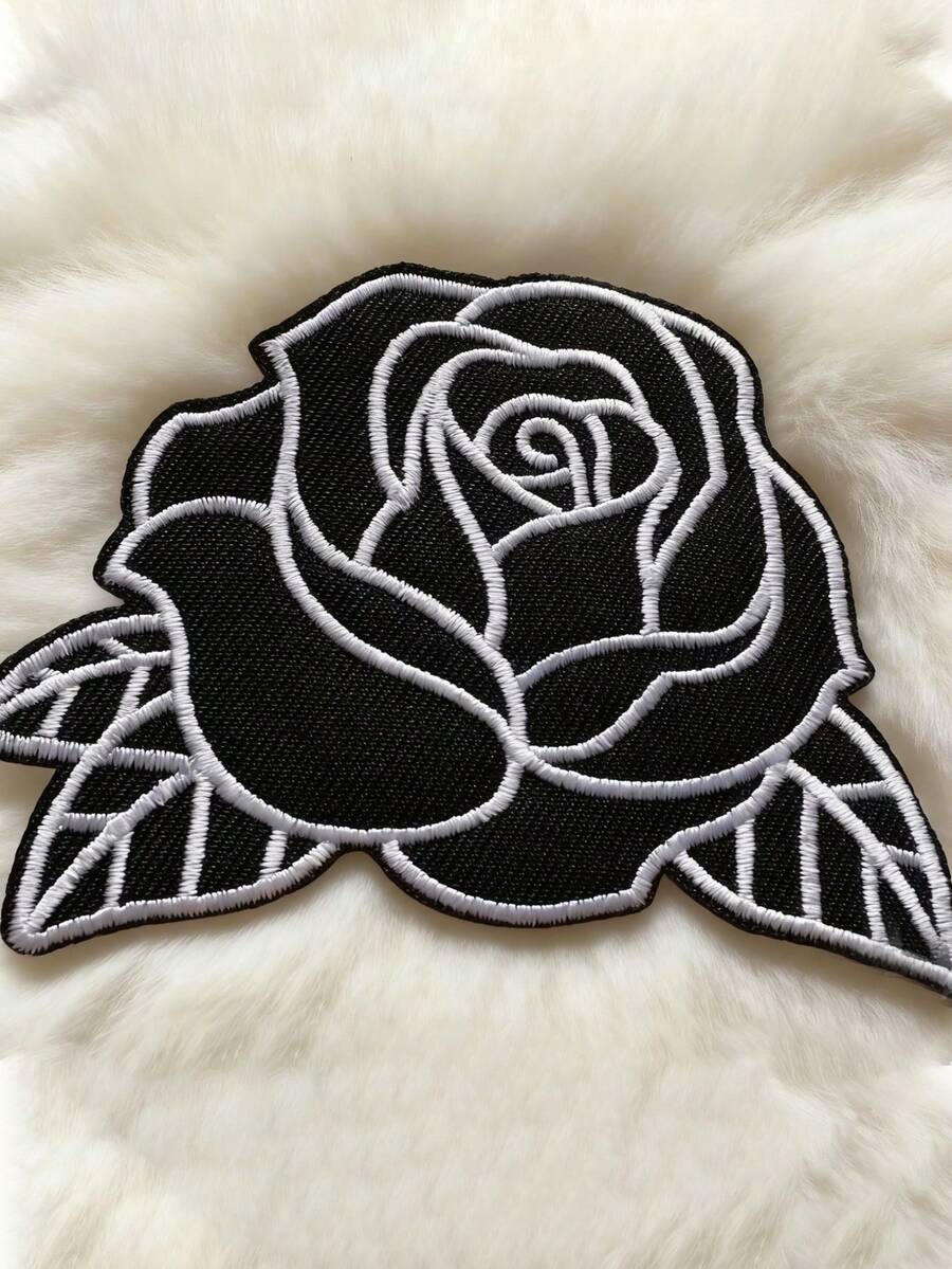 1片黑白玫瑰刺绣贴片 - 可熨烫/缝纫装饰用品 - 适用于T恤、夹克、背包、破损补丁 - 多色 - 查看 1