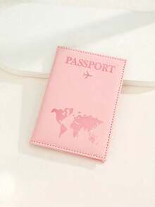 1pc Matte Finish Pu Material Travel Passport Cover With World Map & Letter Print And Fixed Design Passport Holder Passport Case Passport Wallet Passport Bag For Holiday For Vacation Passport Pouch For Flight For Back To School For Men And Women Travel Essentials Travel Accessories - 粉紅色的 - 查看 1
