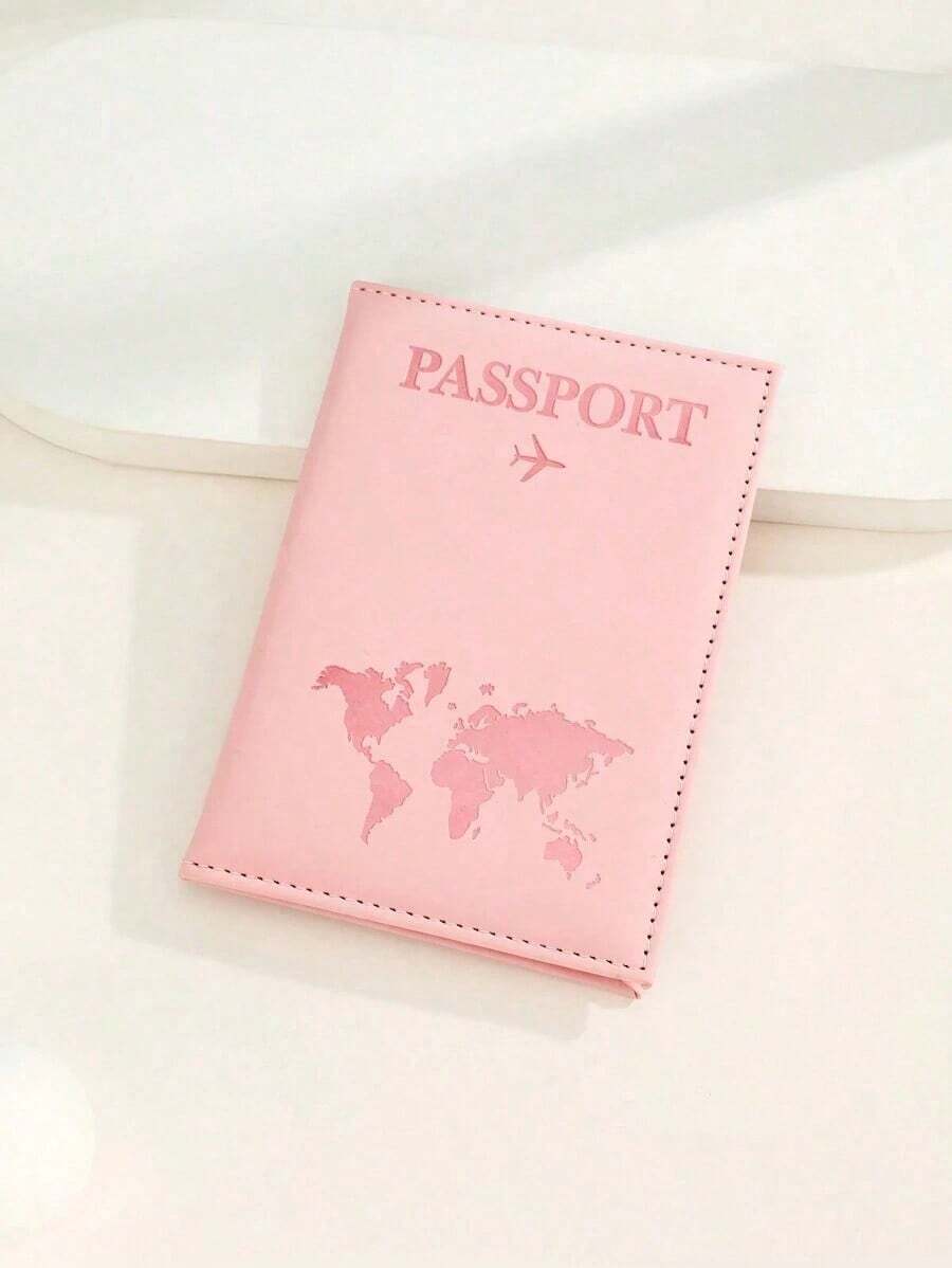 1pc Matte Finish Pu Material Travel Passport Cover With World Map & Letter Print And Fixed Design Passport Holder Passport Case Passport Wallet Passport Bag For Holiday For Vacation Passport Pouch For Flight For Back To School For Men And Women Travel Essentials Travel Accessories - 粉紅色的 - 查看 1