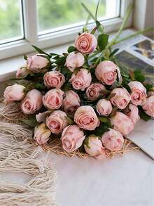 9pcs Artificial Pink Rose Flowers, 7pcs Rose Heads + Green Plastic Plants, Romantic Style Home Floral Gifts Suitable For Ladies, Mothers, Various Occasions, Includes Stamens, DIY, Party Favors, Bridesmaid Gifts, Home Decor, Dried Roses, Multi-Color Options, 7pcs Small Roses, Green Artificial Plants, Bohemian Autumn Farm Style Rose Bouquet, Valentine's Day Decorative Flowers - Pink - View 3