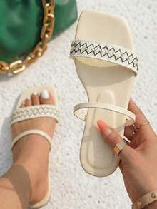 planare Giày sandal nữ thời trang thường ngày tối giản, kiểu dáng nghỉ dưỡng, kẻ sọc, hở mũi, dễ mang, thoải mái, nhẹ, màu be và đen, thích hợp cho mùa hè. - Màu be - Xem 3