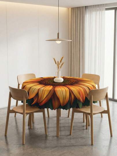 1 chiếc khăn trải bàn tròn in hình hoa hướng dương 3D khổng lồ màu vàng và xanh lá cây, phong cách trang trại mộc mạc, chất liệu polyester chống bám bẩn, chống thấm nước, viền lượn sóng, chống dầu mỡ, chống bụi, có thể giặt và tái sử dụng, lý tưởng cho phòng ăn kiểu cổ điển, bữa tối gia đình, tụ họp ngoài vườn mùa hè, vật dụng thiết yếu cho nhà bếp và gia đình.