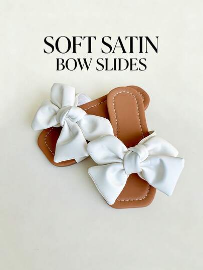 5-20 Fashionable Bow Decor White Girls' Flat Sandals Suitable For Summer Beach Vacation, Outdoor Non-Slip Wear-Resistant Soft Bottom Comfortable Lightweight White Girls' Beach Slippers, Versatile Casual Girls' Fashion Slippers