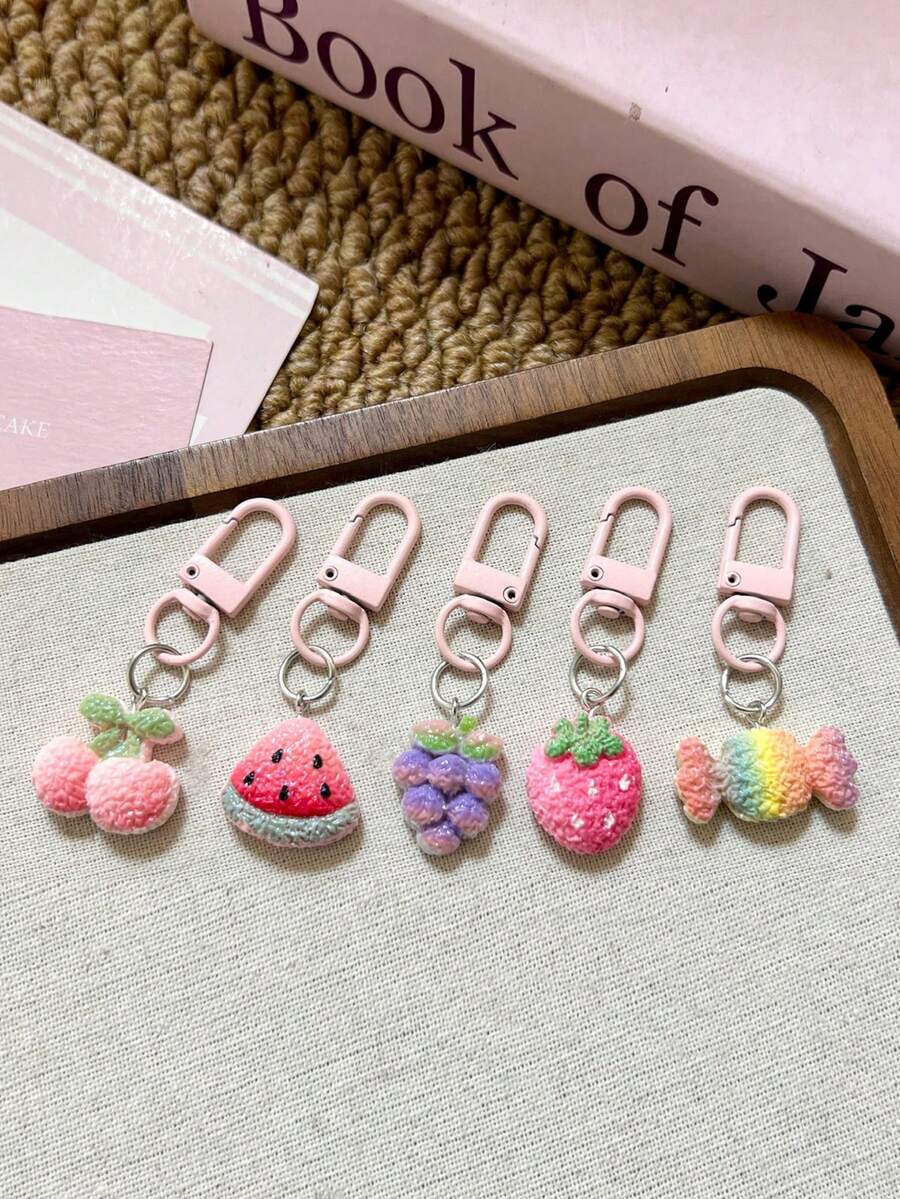 5pcs Rainbow Fruit Keychains, Cute Sweet Strawberry Pendant Accessories, Ideal Gift For Girls And Best Friends - Multicolor - View 1